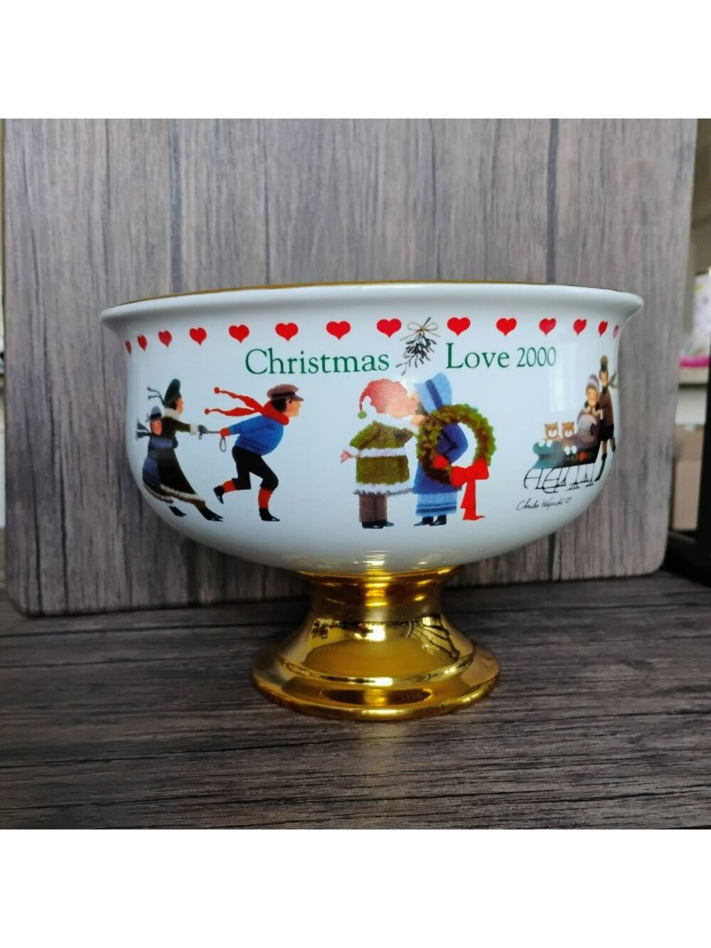 Vintage Teleflora Charles Wysocki Christmas Bowl Love 2000 Pedestal Gold Trim 8"